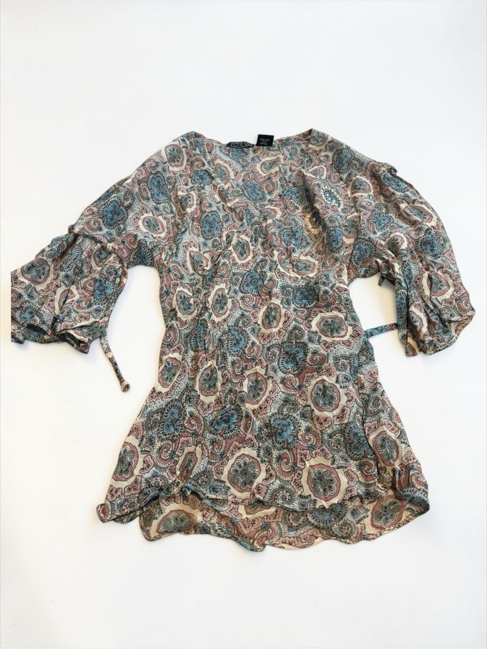 Y2K Paisley Floral 100% Rayon Tie-Waist Blouse Top Teal Cream M